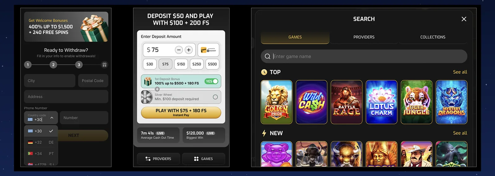 Frontend template updates: a compact registration form with one consent checkbox, Quick Deposit presets with plus and minus buttons, and Global Search tabs for Games, Providers and Collections.