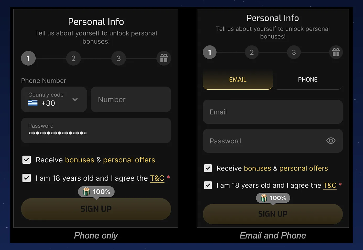 Phone registration flow: a Create account dialog with country-code selector, phone number field, OTP confirmation and the usual email path hidden behind a toggle.