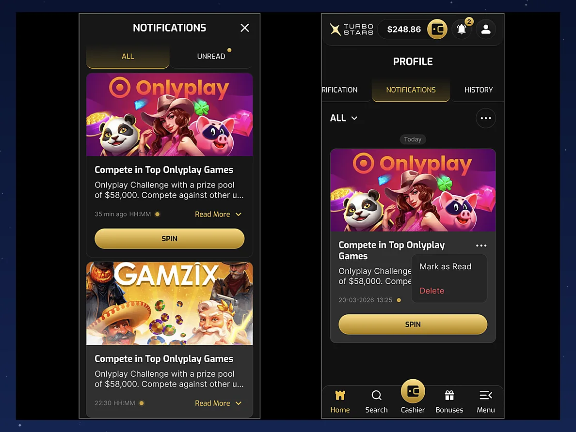 Player notification center on the frontend: tabs for messages and bonuses, a timed bonus card with a countdown, and a motivational block that links into the cashier.