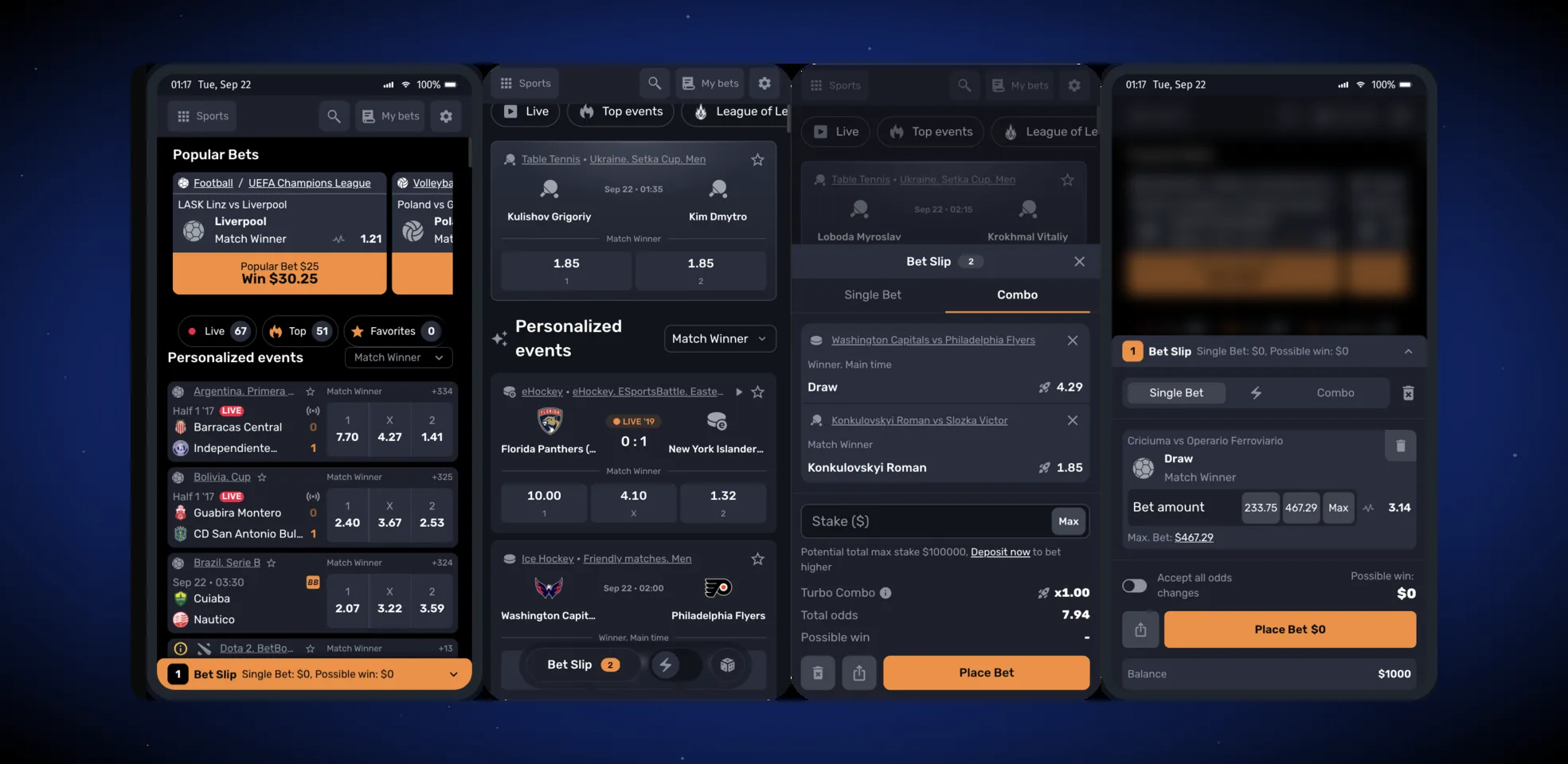 Quatro telas de celular do Turbo Sports redesenhado: apostas populares e eventos personalizados na home, feed de eventos ao vivo e o novo boletim de apostas para simples e múltipla.